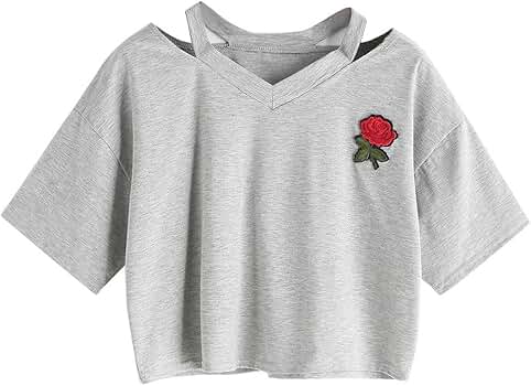 BCDshop Women Teen Girls Embroidery Rose Crop Top Tees Short